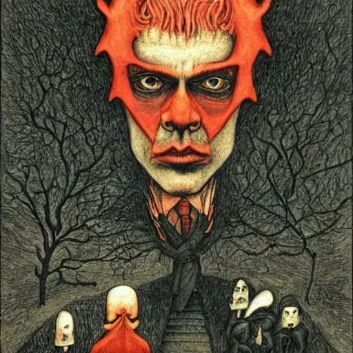 Prompt: Nick Cave in disguise as the devil, by Santiago Caruso, by M.C. Escher, by Kazimir Malevich, fairy-tale illustration style, very detailed, colorful, beautiful, eerie, surreal, psychedelic