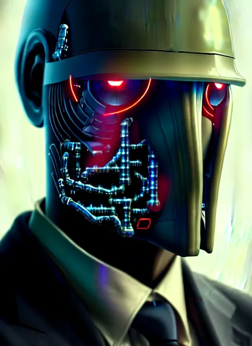 Image similar to man with cybernetic enhancements, wearing a suit! detailed face with mask, scifi character portrait by greg rutkowski, esuthio, craig mullins, 1 / 4 headshot, cinematic lighting, dystopian scifi gear, gloomy, profile picture, mechanical, half robot, implants, steampunk