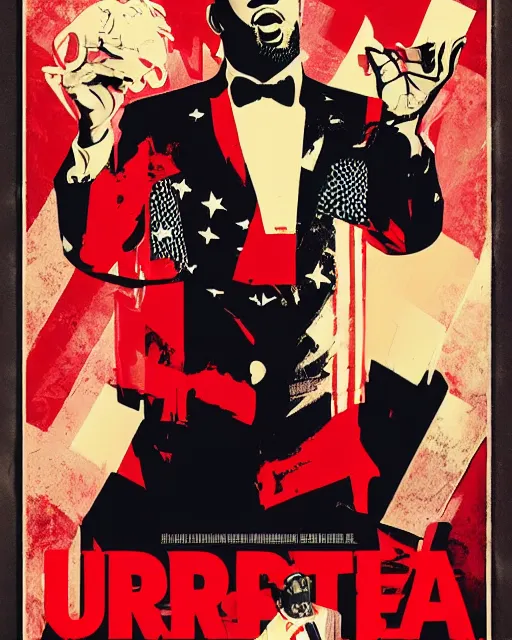 Prompt: vintage movie poster, rapper drake!! portrays united states president donald trump, action thriller, minimal, vibrant, fanart, trending on artstation