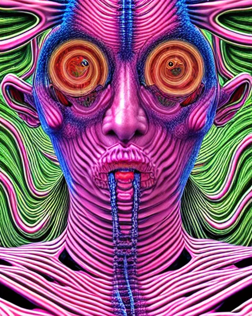 Prompt: Human Body breaking away, Conjuring Psychedelic Illustration, part by Shintaro Kago, part by Alex Gray, unreal engine 5, ultra realistic, highly detailed, 8k, symmetry, fractals, grotesque, vibrant,