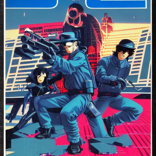 Prompt: 1982 OMNI Magazine Cover Illustration of neo-Tokyo bank robbery, Bank Robbery, Anime, Highly Detailed, Akira Color Palette, Inspired by Cowboy_Bebop + MGS2 + Heat, 8k :4 by Vincent Di Fate + Katsuhiro Otomo : 8