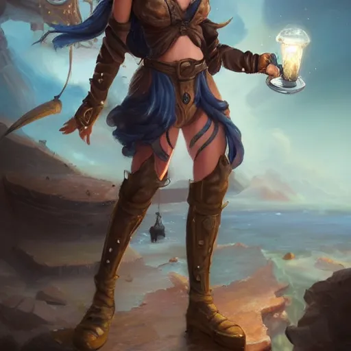 Prompt: beautiful muscular charming female gnome mechanic, magic crackling lightning iron gauntlet arms, short black pixie undercut hair, standing on ship deck, naval background, intricate, fantasy magic, highly detailed, full body portrait, wide angle, digital painting, artstation, smooth, sharp focus, great composition, illustration, art by Greg Rutkowski, trending on artstation