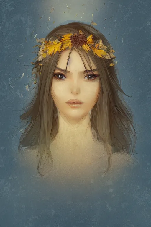 Image similar to The goddess of autumn harvest, tranquility, beautiful face, long hair, wearing wheat yellow gauze, comic style, virtual engine, 3D, sense of atmosphere, goddess, by wlop