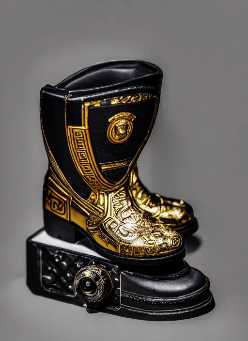 Image similar to hyperrealistic and heavy detailed product photo versace boot of judge dredd, in front of white back drop, whole shoe is in picture, leica sl 2 5 0 mm, vivid color, high quality, high textured, real life