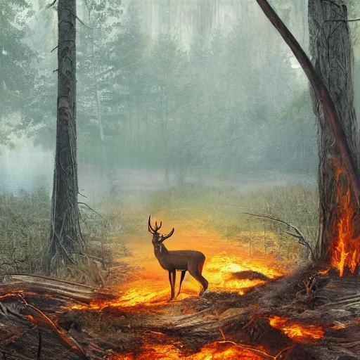 Image similar to a forest in a extreme fallout, with radioactive paths and flames everywhere, a deer is in the middle of the scenery and drinks out of a lake by greg rutkowski, 4 k, realistic oil painting