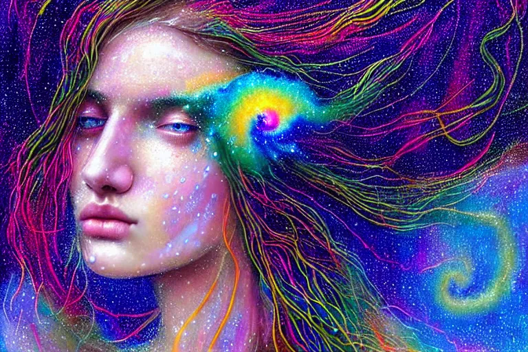 Image similar to girl finding spiritual freedom in psychedelic LSD rain with wet hair and face, morphing to stary complex spiral galaxy, fantasy, intricate, elegant, dramatic lighting, emotionally evoking symbolic metaphor, highly detailed, lifelike, photorealistic, digital painting, artstation, concept art, smooth, sharp focus, illustration, art by John Collier and Albert Aublet and Krenz Cushart and Artem Demura and Alphonse Mucha