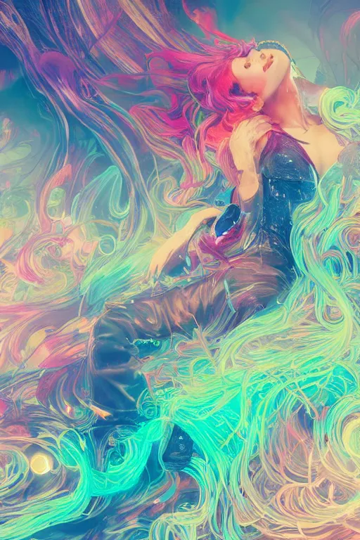 Image similar to a gorgeous woman surrounded by colorful liquid clouds and neon smoke, extremely detailed, super psychedelic experience, psilocybin, dmt, lsd, face, highly detailed, artstation, alphonse mucha, hana yata, and artem demura and beeple, octane render, unreal engine, 8 k