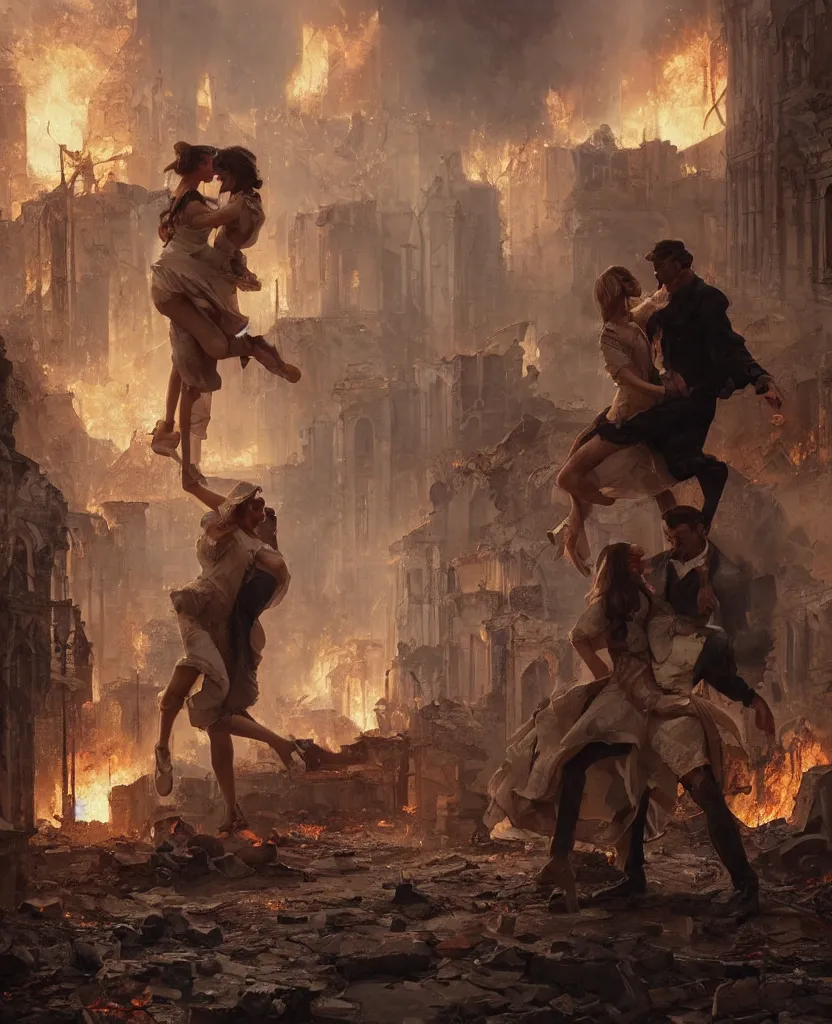 Prompt: concept art of a couple dancing in the middle of ruins of a victorian city surronded by fire, by j. c. leyendecker, wlop, ruins, dramatic, octane render, epic painting, extremely detailed