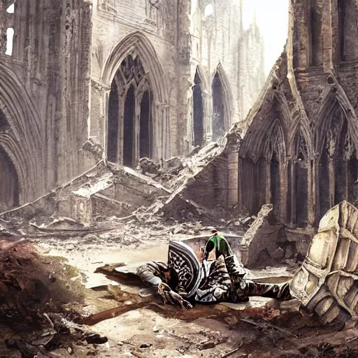 Image similar to Skeleton wearing ragged clothes and a plate armour resting on a throne inside a ruined cathedral, oil painting, by Greg Rutkowski