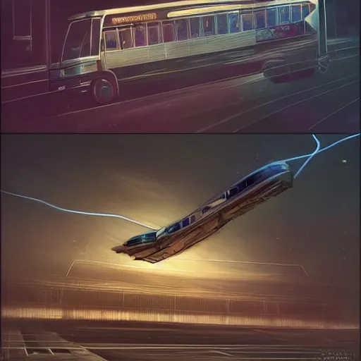 Prompt: realistic render portrait of an bus flying through space intricate, dystopian, sci-fi, extremely detailed, digital painting, sculpted in zbrush, artstation, concept art, smooth, sharp focus, illustration, chiaroscuro lighting, golden ratio, incredible art by artgerm and greg rutkowski and alphonse mucha and simon stalenhag