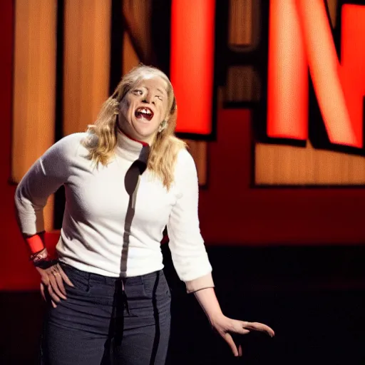 Image similar to film still of netflix comedy special. 3 2 - year - old, female short height, good - looking, standup comedian, skateboarder style, pale complexion, jewish and italian descent, fit, on stage, laughing, telling jokes. looks like amy nico schwartz.