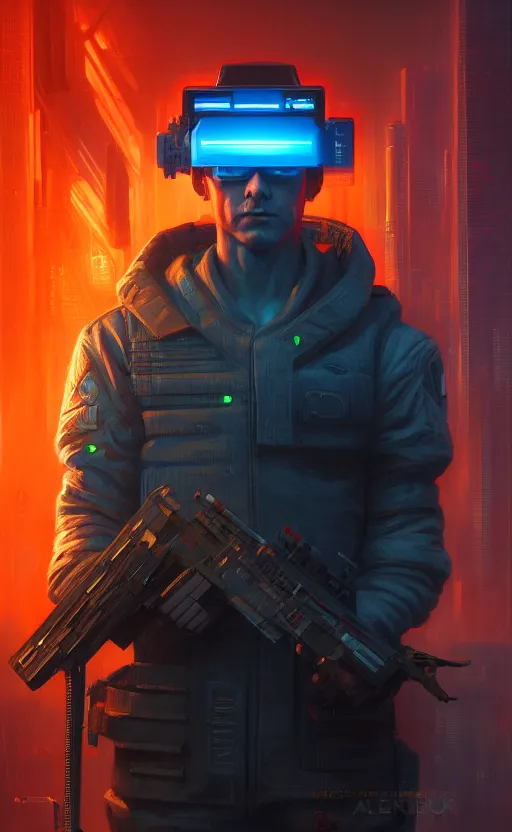 Image similar to cyberpunk solider, concept art by aleksander rostov, oil painting, large strokes, artstation trending, symmetry, awesome exposition, very detailed, highly accurate, intricate, professional lighting diffracted lightrays, 8 k, sense of awe, gamers magazine cover