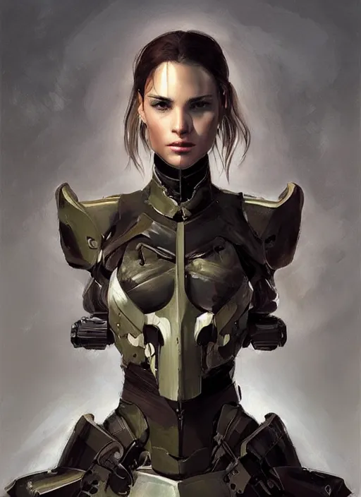 Image similar to a professional painting of a beautiful young female, clothed in military armor, olive skin, long dark hair, beautiful bone structure, symmetrical facial features, intricate, elegant, digital painting, concept art, smooth, sharp focus, illustration, from Metal Gear, by Ruan Jia and Mandy Jurgens and Artgerm and William-Adolphe Bouguerea