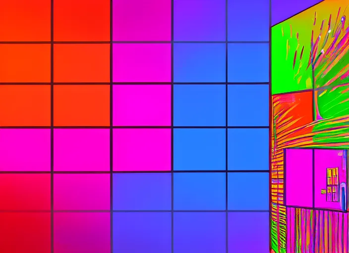 Image similar to the windows 1 1 wallpaper reimagined with neon and bright colours