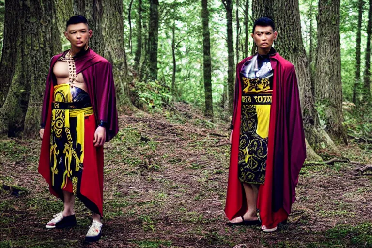 Image similar to versace avant garde male roman toga himation cloak intricate textiles streetwear cyberpunk asian american in the woods overcast late evening dramatic professional color 8 k hdr
