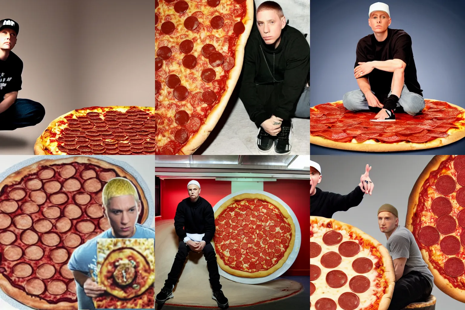 Prompt: eminem sitting on top of a giant pepperoni pizza.