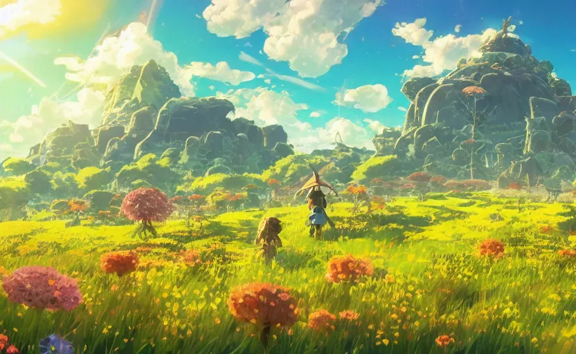 Image similar to fantastic anime sunny meadow with flowers, lone old Oak in the middle plane and mountains on the background, by Hayao Miyazaki, Nausicaa, Ghibli, Breath of the wild, Anime wallpaper