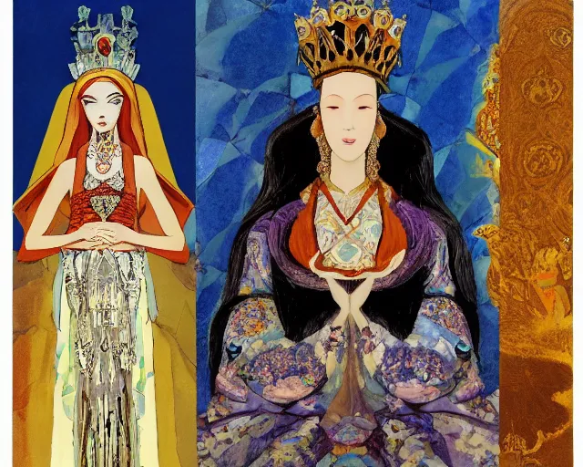 Image similar to an illustration of a queen wearing a dress and a crown, and a veil on a stone throne by nicholas roerich, by gustave moreau, by yoshitaka amano, by katsuhiro otomo, by georgia o keeffe, oil painting