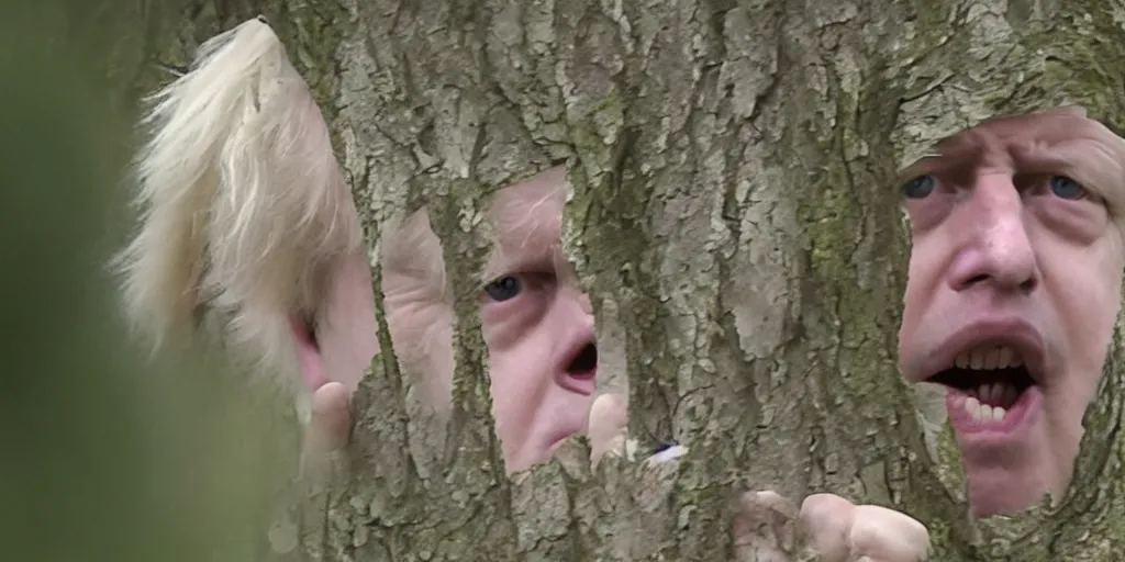 Image similar to extremely derpy looking boris johnson peeking out from behind a tree, trailcam footage