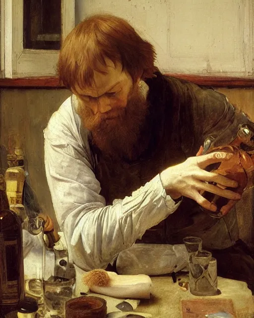 Prompt: dostoyevsky as an exhausted painter in his studio with a whiskey bottle by edgar maxence and caravaggio and michael whelan, intricate painting, hyper realistic, extremely detailed and beautiful aesthetic face, 8 k resolution