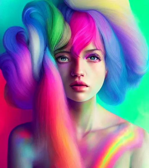 Prompt: dramatic lighting portrait of a beautiful! young woman with a light skin and rainbow colored cotton candy hair. colorful paint splashes. moody and melancholy. with subtle rim light. digital art by artgerm and beeple