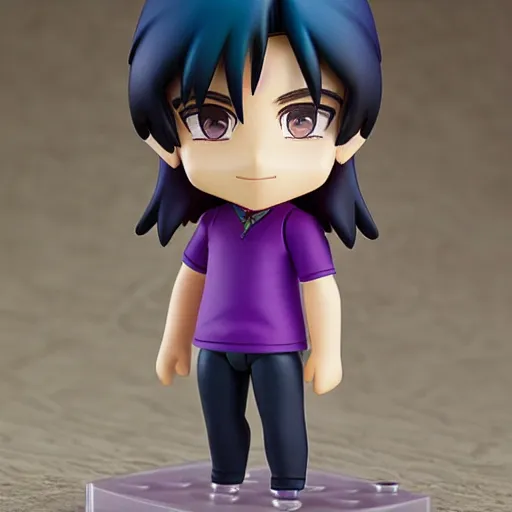 Prompt: nendoroid of a man with green long messy hair, purple eyes, round eyebrows and purple clothes