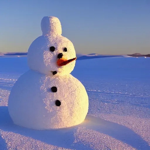 Image similar to there is a snowman made of snow in the desert, he is building a snowman from sand, golden hour, beautiful photography