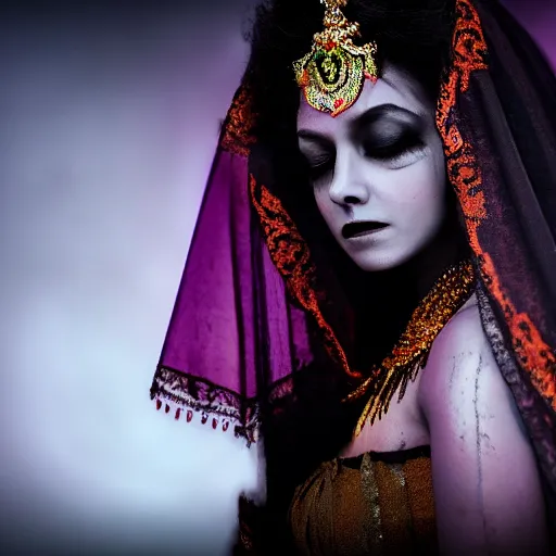 Image similar to beautiful Hindu queen of the dark with veil, in darkness, cover with blood, horror terrifying, soft light, surreal realistic, photorealistic, hyper details, full HD, 8k!