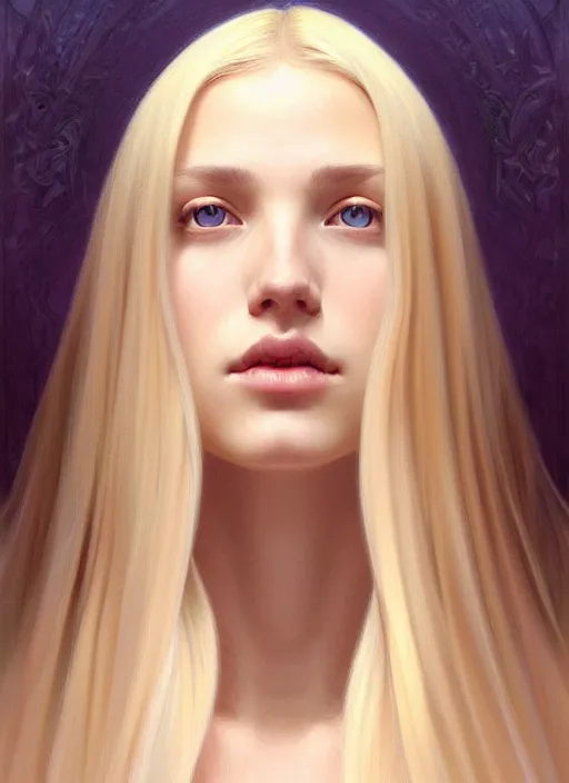 Image similar to beautiful symmetrical face! portrait of young woman blessed with ever - increasing physical and mental perfection, realism, blonde hair, perfect face!! intricate, elegant, highly detailed, vision of holy perfection!! digital painting, artstation, concept art, smooth, sharp focus, illustration, humanity, art by artgerm and greg rutkowski and alphonse mucha