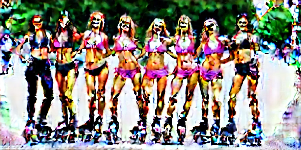 Image similar to lovely detailed faces of bikini models rollerblading on the streets and having fun, sharp eyes, smile, group portrait
