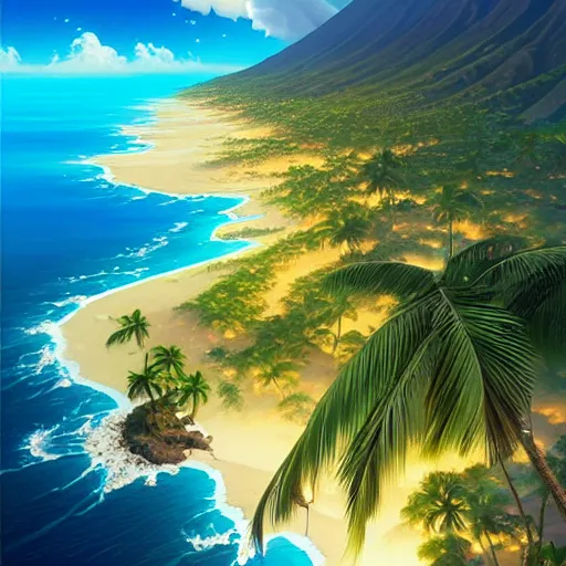 Image similar to a painting a breathtaking aerial view of Hawaiian islands, surrounded by palm trees, clouds, flowers, volcano, azure ocean, sunlight glistening, glow, , a detailed matte painting by sylvain sarrailh, Stephan Martinière, by RHADS, Makoto Shinkai, bokeh, Artstation contest winner, fantasy art, concept art, #vfxfriday