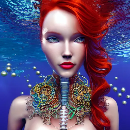 Prompt: a beautiful redhead mermaid in the middle of the ocean, sunshine underwater, pearls, efflorescence, futuristic cybernetic engine, intricate details in the frames, symmetrical, magic, 4k high quality render.