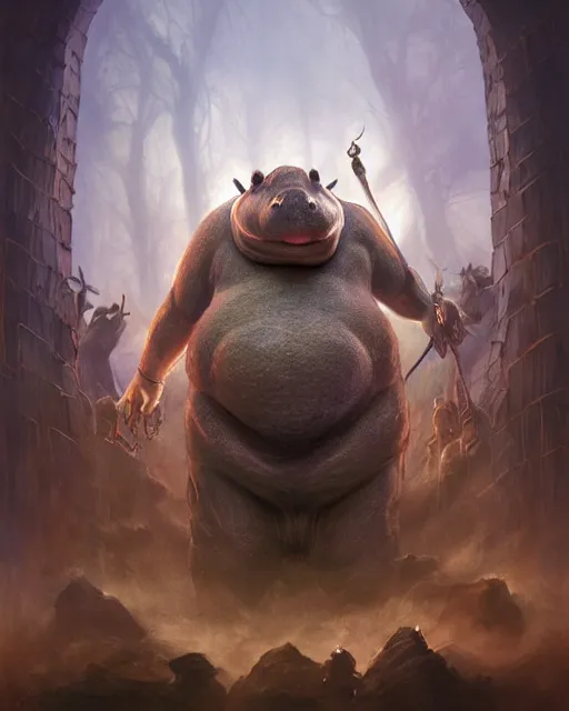 Image similar to Hippo, Anthropomorphized, portrait, as evil warlord general on skull throne, magic the gathering artwork, D&D, fantasy, cinematic lighting, centered, symmetrical, highly detailed, digital painting, artstation, concept art, smooth, sharp focus, illustration, volumetric lighting, epic Composition, 8k, art by Akihiko Yoshida and Greg Rutkowski and Craig Mullins, heroic pose, oil painting, cgsociety, Battlefield background, explosions, arrows