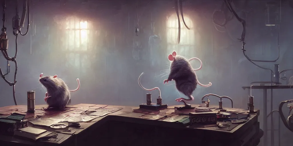 Image similar to rat sitting on a desk in a laboratory with lots of flasks filled with magic liquids and poisonous fog, stephen bliss, unreal engine, fantasy art by greg rutkowski, loish, rhads, ferdinand knab, ilya kuvshinov, rossdraws, tom bagshaw, global illumination, radiant soft light, detailed and intricate environment