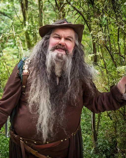 Prompt: photoshoot of peter jackson dressed as tom bombadil, lotr, tolkien, weta workshop style, hyperreal, soft focus, bokeh