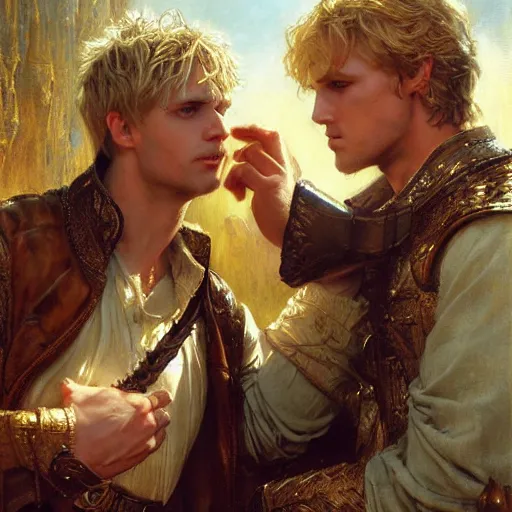 Prompt: attractive male, arthur pendragon who has blond hair confesses his love to attractive male, merlin who has dark hair. highly detailed painting by gaston bussiere, craig mullins, j. c. leyendecker 8 k