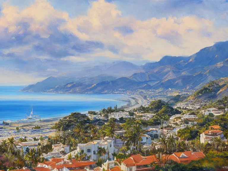 Prompt: very detailed painting of marbella landscape, sun coast, small city, beach, mountain in the background, trending on artstation, hiroshi yoshida, fine art, 8 k resolution