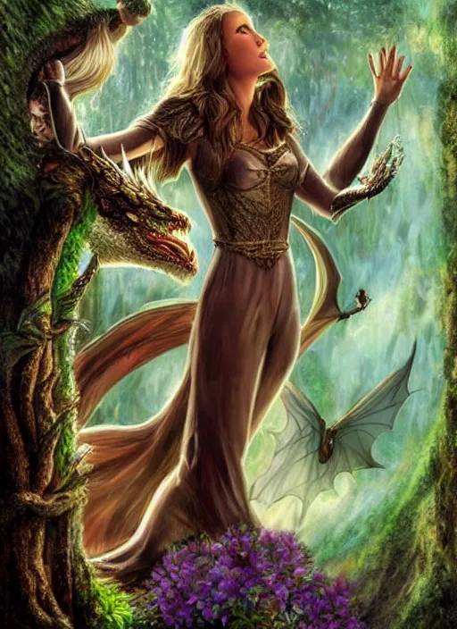 Image similar to movie poster, fantasy, kingdom in the woods, dragons, detailed profile of a beautiful woman, fairies, magical, enchanting, nostalgic, by john alvin,