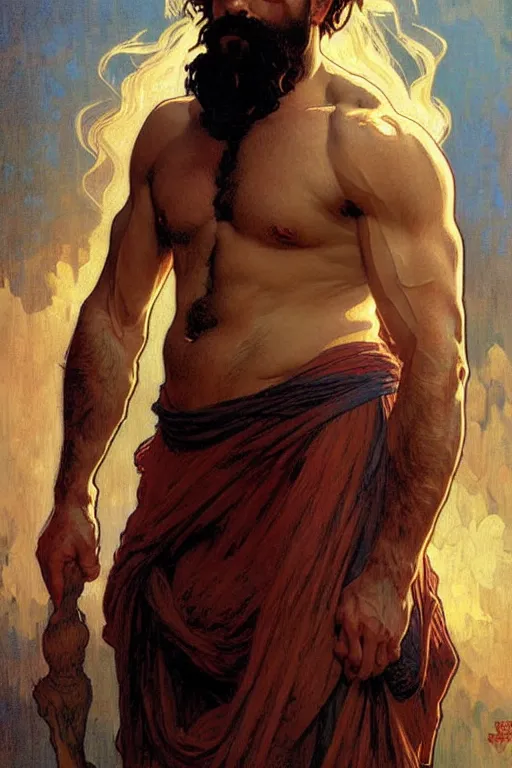 Prompt: A man with beard, hair like fire, muscular, warrior, painting by greg rutkowski and alphonse mucha