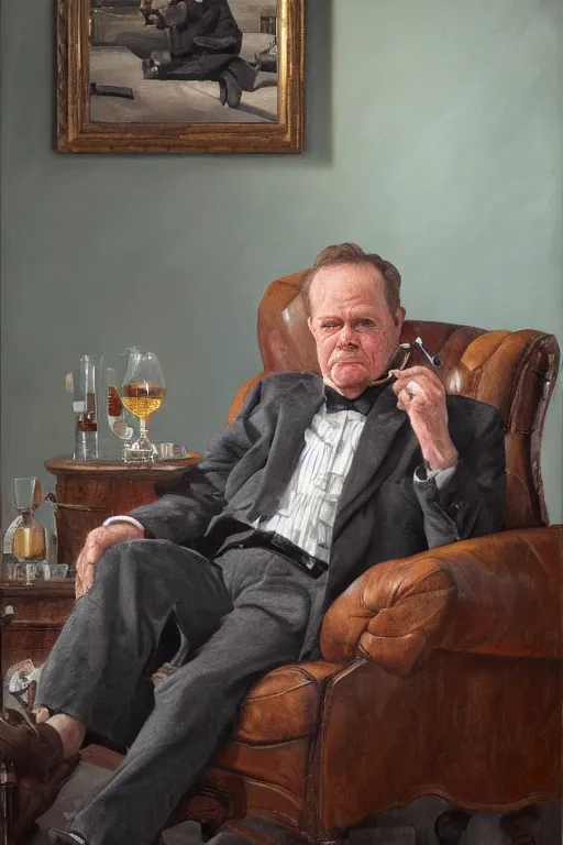 Prompt: retired barney, sitting in a lounge, sipping whiskey and smoking a cigar, oil on canvas, intricate, portrait, 8 k highly professionally detailed, hdr, cgsociety