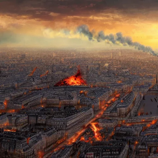 Prompt: a panoramic photo of paris during apocalypse, fire, fumes, 4 k, high quality, artstation