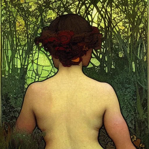 Image similar to a beautiful painting of the back view of a young lady washing her long hair by the river in a grown forest, sunlight reflected on the river, Celtic, by Mucha