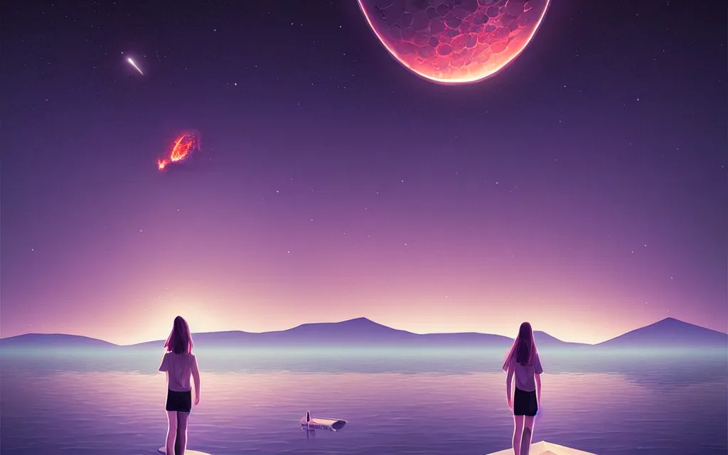 Image similar to girl staring at a meteorite hitting a calm lake at night by wlop, low poly art, ultra detailed color art, high detail, digital art