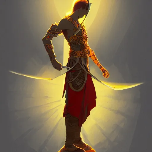 Image similar to an ultra detailed vector image of solaire of astora dressed as the prince of persia, concept art by alphonse mucha and greg rutkowski, bright red desert sands, bright yellow and red sun, octane render, praise the sun