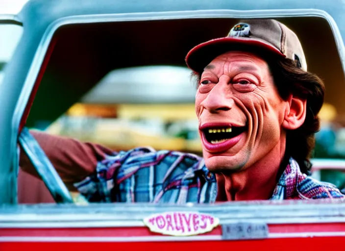 Image similar to photo of jim varney as ernest p worrell as a monster truck driver, 8 k, 8 5 mm f 5. 6