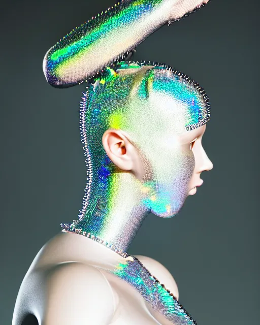 Prompt: symmetrical portrait of a biomechanical cyborg wearing a silicone swarovski studded iridescent beauty mask and neon hair buns, wearing a black bodysuit by alexander mcqueen, cream white background, soft diffused light, biotechnology, humanoid robot, bjork aesthetic, translucent, by rineke dijkstra, intricate details, highly detailed, masterpiece,