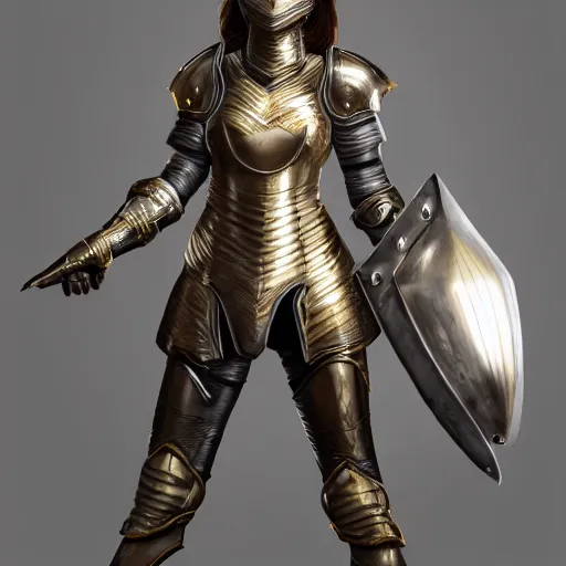 Prompt: character concept art illustration of woman in plate armor, hyper realistic, cinematic lighting, polished metal, intricate pattern, gold trim, octane render, 8 k, unreal engine, volumetric