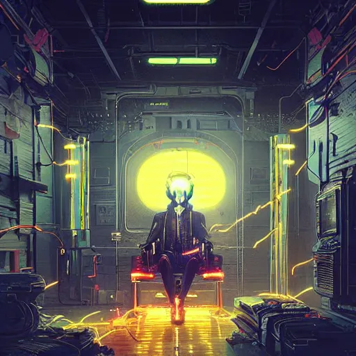 Image similar to cyberpunk cyborg bionic neon lights electricity sparks napoleon royal digital throne greg rutkowski