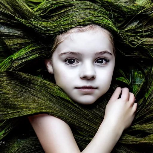 Prompt: a girl wrapped in seaweed, photograph, 4 k