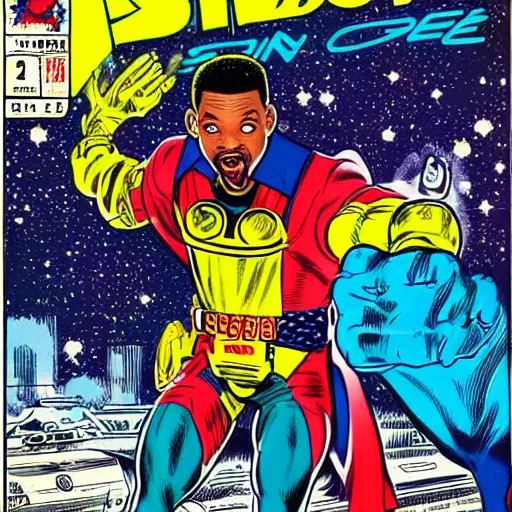 Prompt: 1 9 8 0 s professional comic book title cover of will smith as a space mercenary, heroic, majestic, high quality 8 0 s comic art by george perez